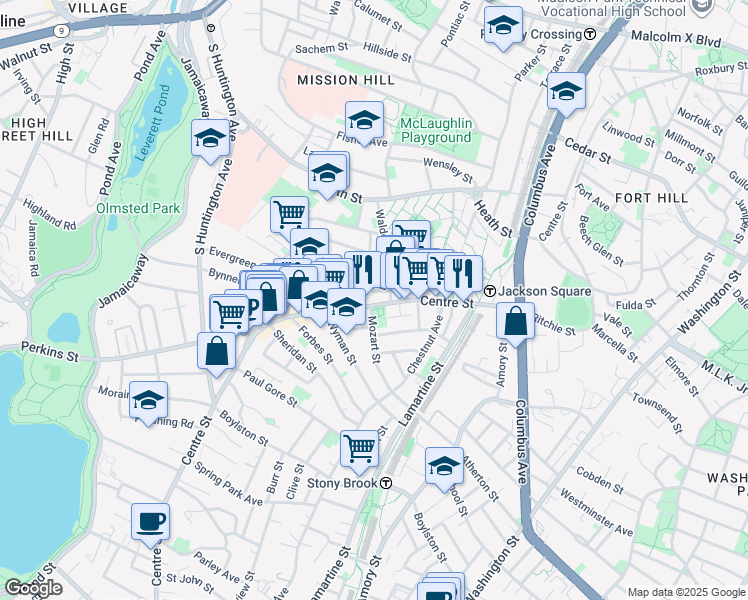map of restaurants, bars, coffee shops, grocery stores, and more near 10 Mozart Street in Boston