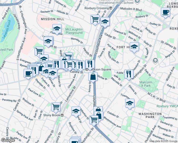 map of restaurants, bars, coffee shops, grocery stores, and more near 225 Centre Street in Boston