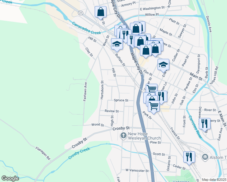 map of restaurants, bars, coffee shops, grocery stores, and more near 177 Prospect Street in Hornell