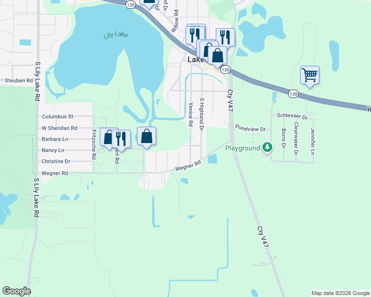 map of restaurants, bars, coffee shops, grocery stores, and more near 135 Lotus Drive in Lakemoor