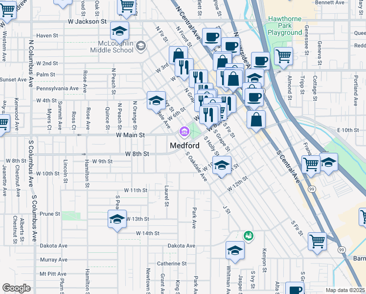 map of restaurants, bars, coffee shops, grocery stores, and more near South Oakdale Avenue in Medford