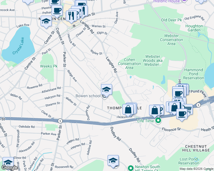 map of restaurants, bars, coffee shops, grocery stores, and more near 35 Langley Road in Newton