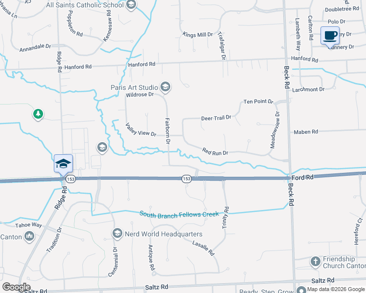 map of restaurants, bars, coffee shops, grocery stores, and more near 5762 Fairborn Drive in Canton