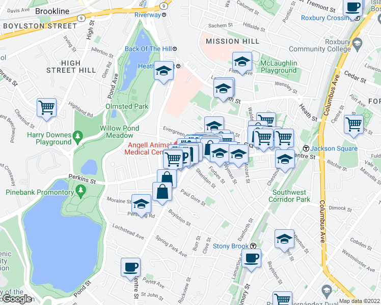 map of restaurants, bars, coffee shops, grocery stores, and more near 386-386A Centre Street in Boston