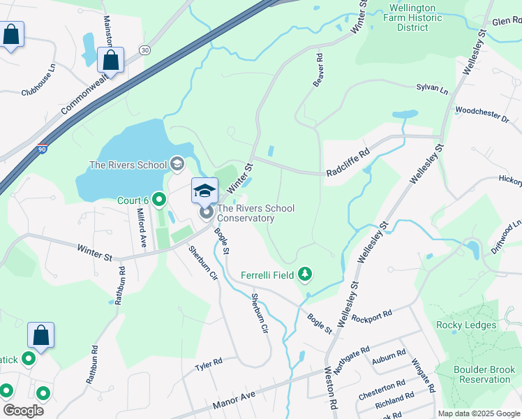 map of restaurants, bars, coffee shops, grocery stores, and more near 36 Walnut Road in Weston