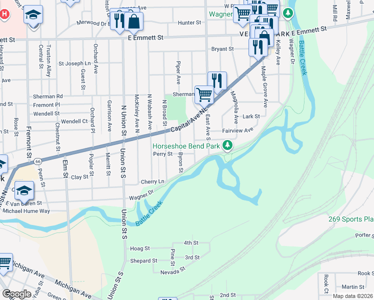 map of restaurants, bars, coffee shops, grocery stores, and more near 65 Byron Street in Battle Creek