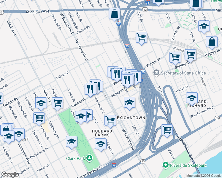 map of restaurants, bars, coffee shops, grocery stores, and more near 3615 W Vernor Hwy in Detroit