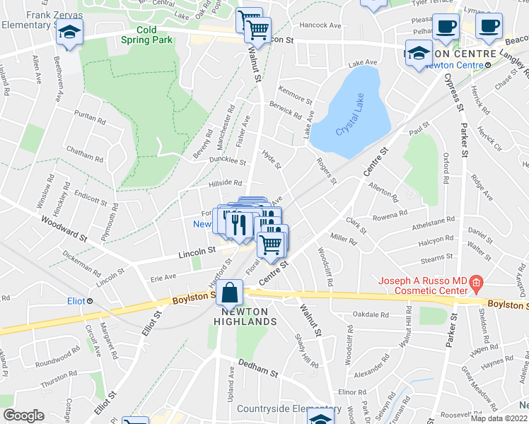 map of restaurants, bars, coffee shops, grocery stores, and more near Lake Ave & Station Ave in Newton