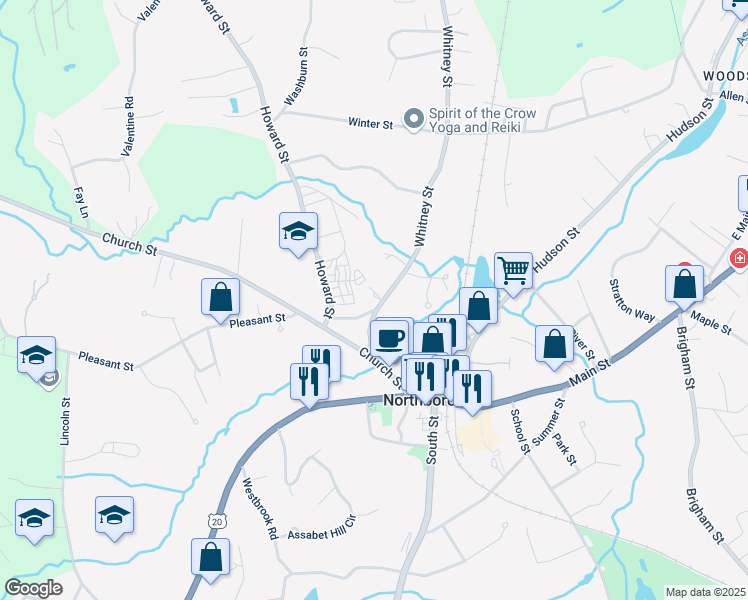 map of restaurants, bars, coffee shops, grocery stores, and more near 23 Whitney Street in Northborough