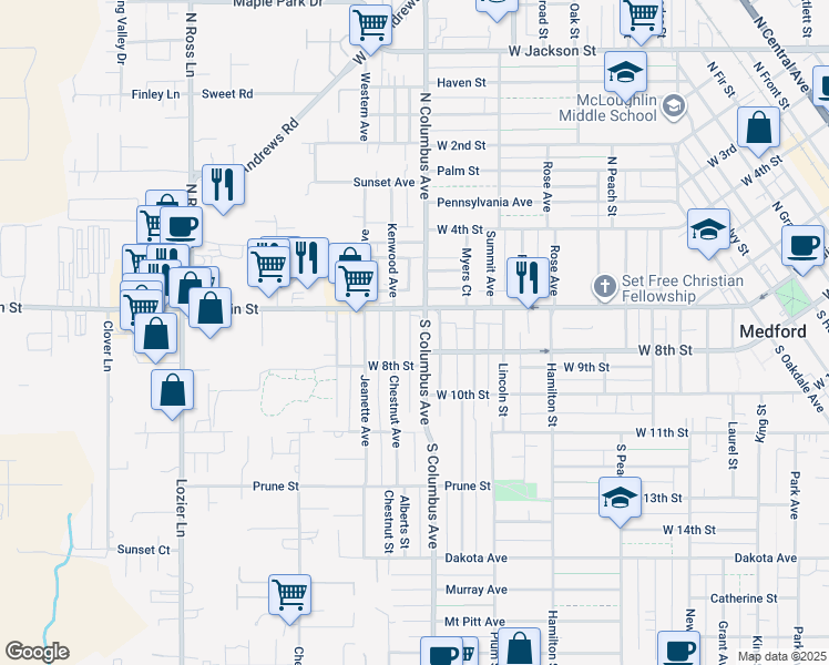 map of restaurants, bars, coffee shops, grocery stores, and more near 28 South Columbus Avenue in Medford