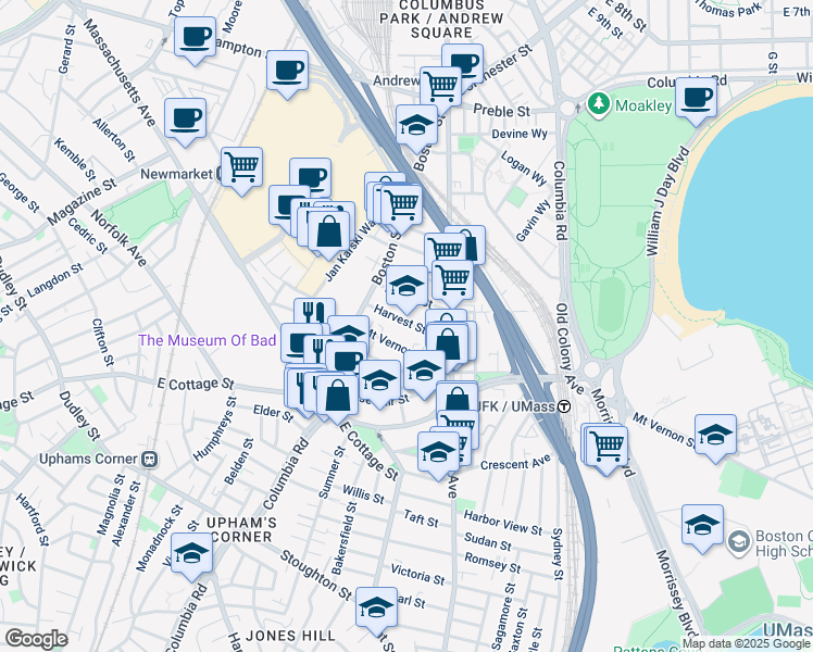 map of restaurants, bars, coffee shops, grocery stores, and more near 20 Mount Vernon Street in Boston