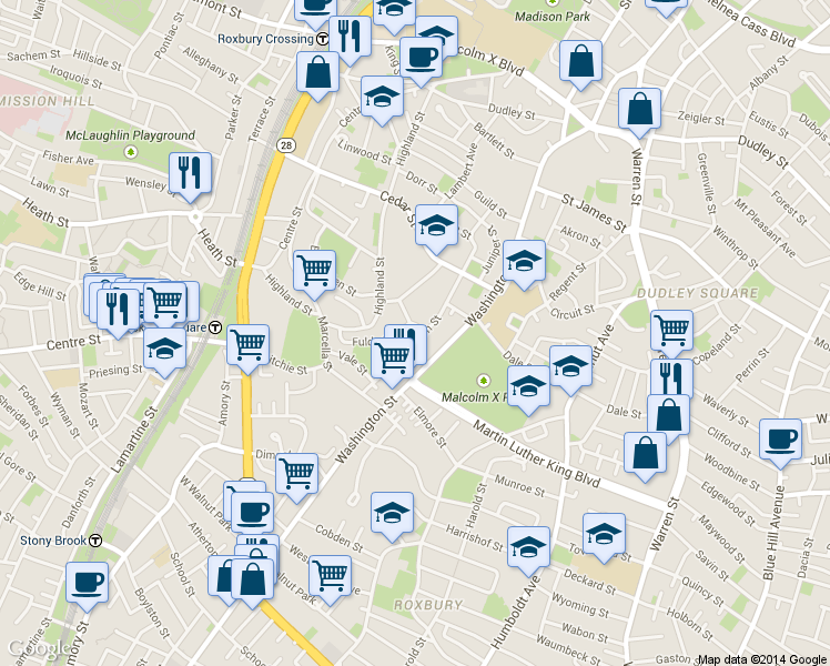 map of restaurants, bars, coffee shops, grocery stores, and more near 151 Thornton Street in Boston