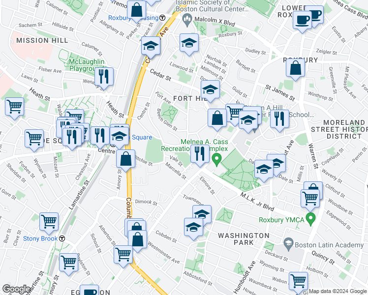 map of restaurants, bars, coffee shops, grocery stores, and more near 45 Fulda Street in Boston
