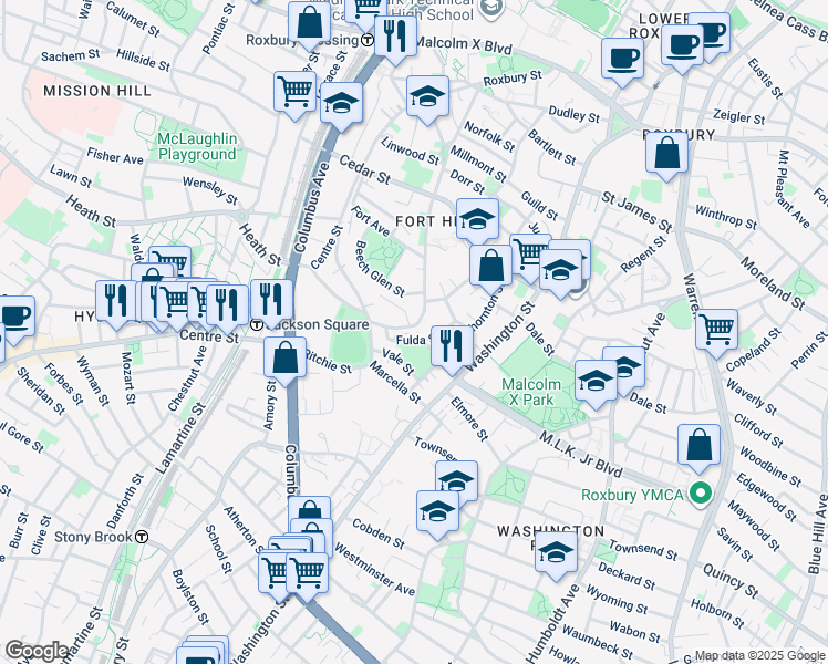 map of restaurants, bars, coffee shops, grocery stores, and more near 45 Fulda Street in Boston