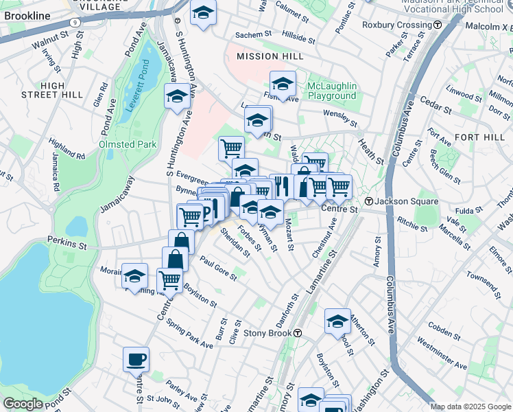 map of restaurants, bars, coffee shops, grocery stores, and more near 358a Centre Street in Boston