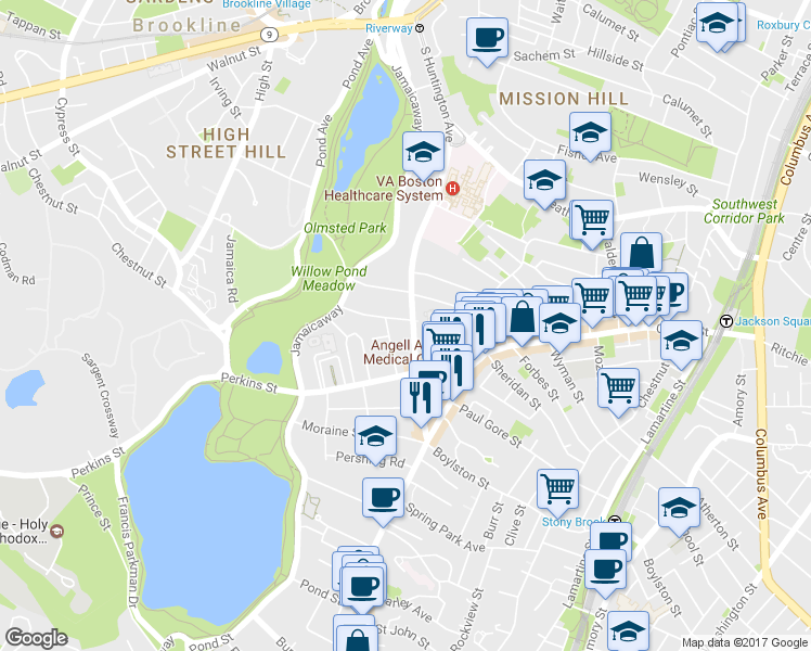 map of restaurants, bars, coffee shops, grocery stores, and more near 361A South Huntington Avenue in Boston