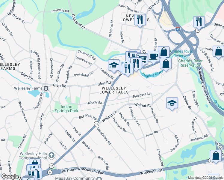 map of restaurants, bars, coffee shops, grocery stores, and more near 7 Crescent Street in Wellesley