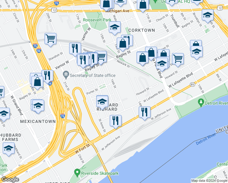 map of restaurants, bars, coffee shops, grocery stores, and more near 1241 16th Street in Detroit