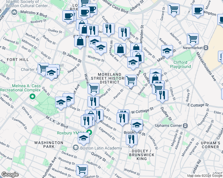 map of restaurants, bars, coffee shops, grocery stores, and more near 5 Copeland Park in Boston