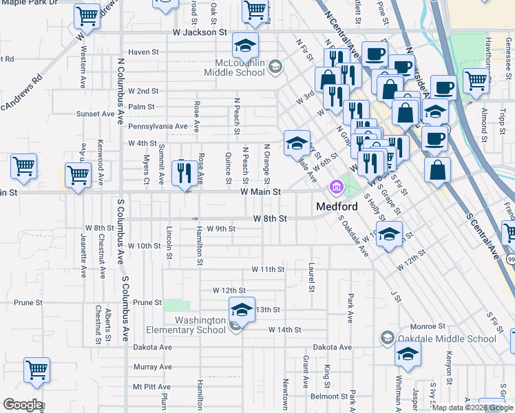 map of restaurants, bars, coffee shops, grocery stores, and more near 20 South Orange Street in Medford