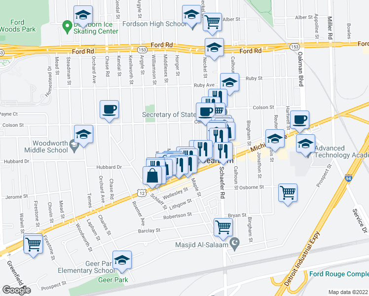 map of restaurants, bars, coffee shops, grocery stores, and more near 4837 Horger Street in Dearborn