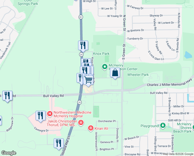 map of restaurants, bars, coffee shops, grocery stores, and more near 3717 Municipal Drive in McHenry