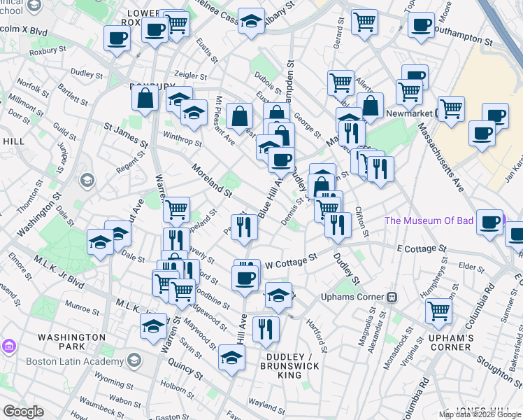 map of restaurants, bars, coffee shops, grocery stores, and more near 102A Moreland Street in Boston