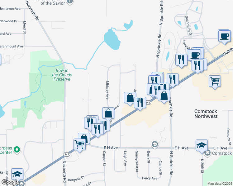 map of restaurants, bars, coffee shops, grocery stores, and more near 3722 Saratoga Avenue in Kalamazoo