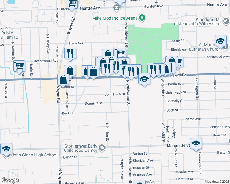 map of restaurants, bars, coffee shops, grocery stores, and more near 34590 John Hauk Street in Westland
