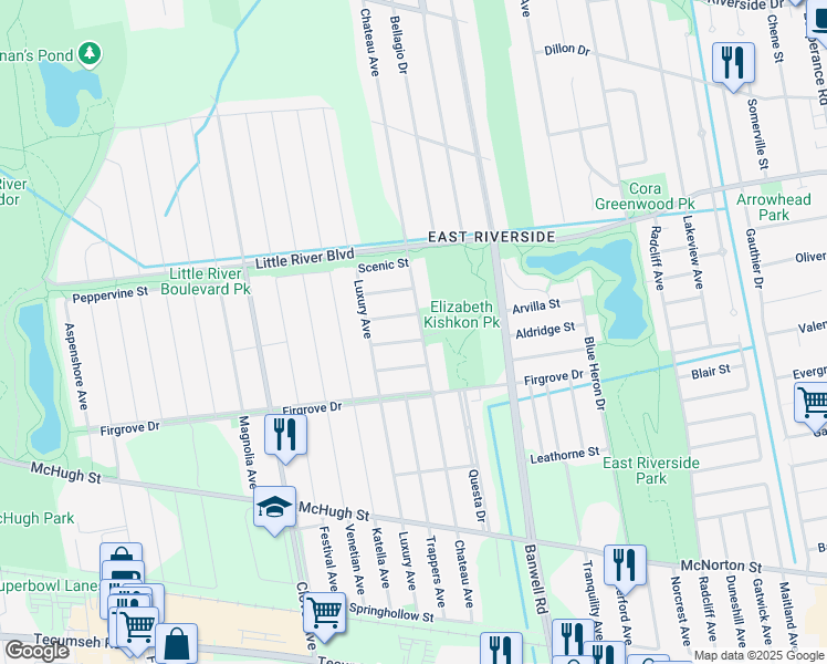 map of restaurants, bars, coffee shops, grocery stores, and more near 1535 Chateau Avenue in Tecumseh