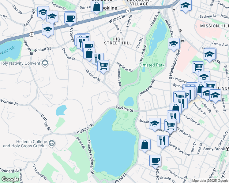 map of restaurants, bars, coffee shops, grocery stores, and more near 212 Chestnut Street in Brookline