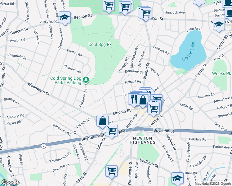 map of restaurants, bars, coffee shops, grocery stores, and more near 24 Bowdoin Street in Newton