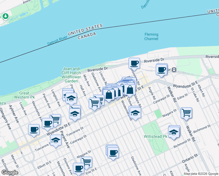 map of restaurants, bars, coffee shops, grocery stores, and more near 416 Lincoln Road in Windsor