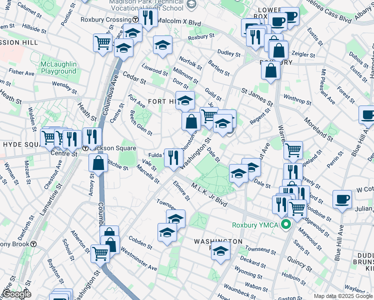 map of restaurants, bars, coffee shops, grocery stores, and more near 2757 Washington Street in Boston