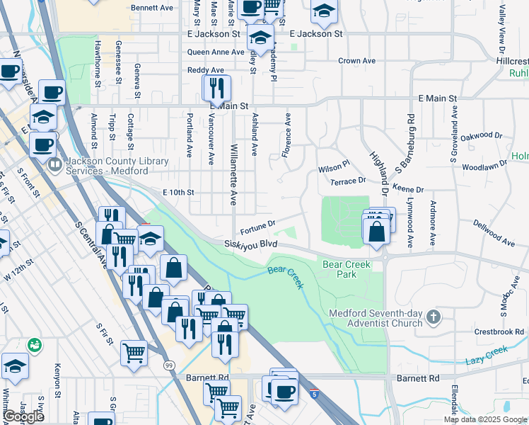 map of restaurants, bars, coffee shops, grocery stores, and more near 1309 Fortune Drive in Medford