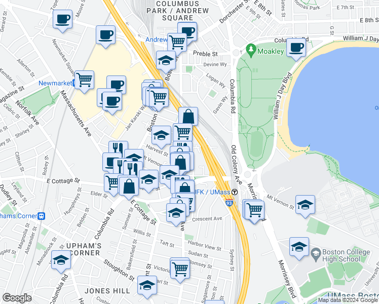 map of restaurants, bars, coffee shops, grocery stores, and more near 834 Dorchester Avenue in Boston