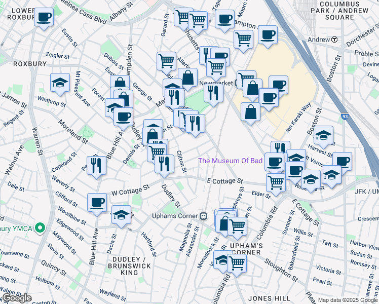 map of restaurants, bars, coffee shops, grocery stores, and more near 11 Marshfield Street in Boston