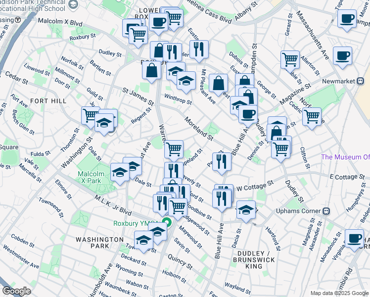 map of restaurants, bars, coffee shops, grocery stores, and more near 42 Copeland Street in Boston