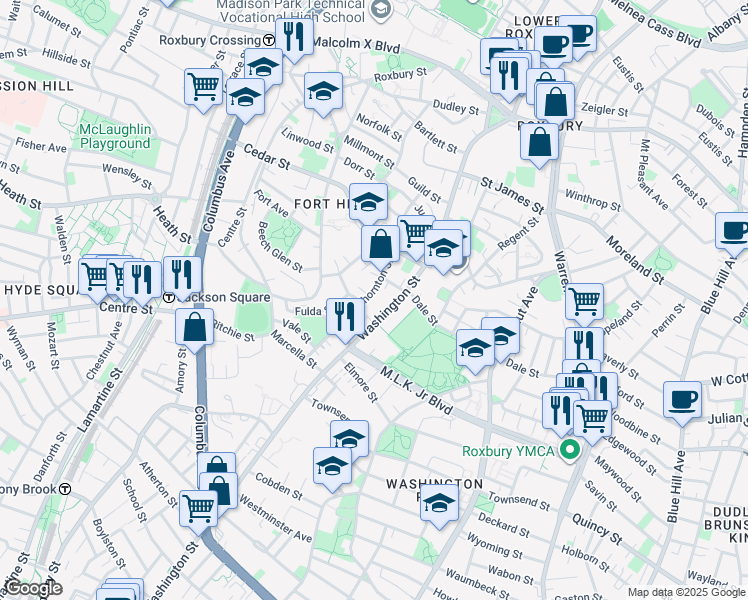 map of restaurants, bars, coffee shops, grocery stores, and more near 2757 Washington Street in Boston