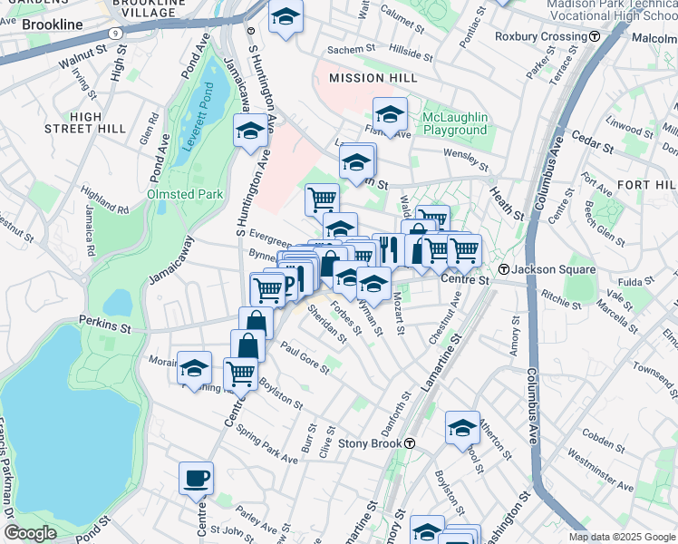 map of restaurants, bars, coffee shops, grocery stores, and more near 358a Centre Street in Boston