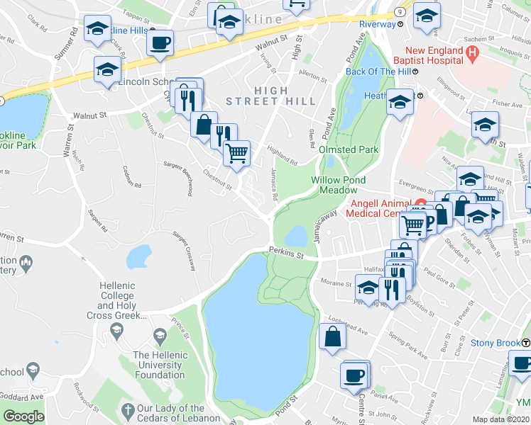 map of restaurants, bars, coffee shops, grocery stores, and more near 212 Chestnut Street in Brookline