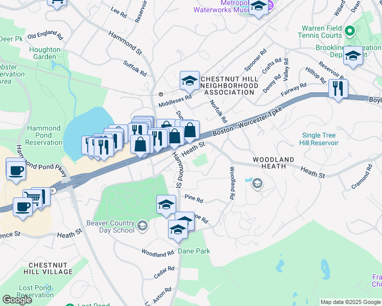 map of restaurants, bars, coffee shops, grocery stores, and more near 652 Hammond Street in Brookline