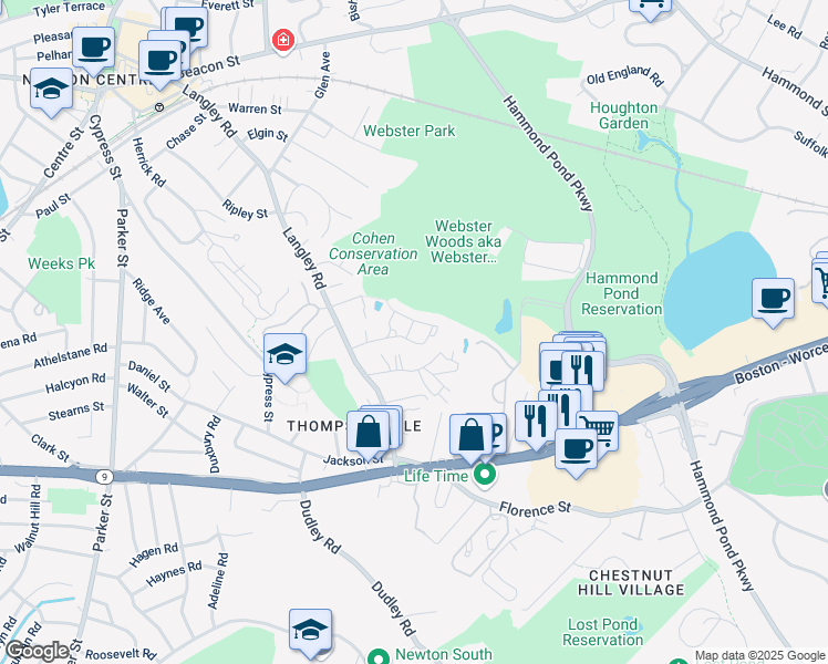 map of restaurants, bars, coffee shops, grocery stores, and more near 50 Beecher Place in Newton