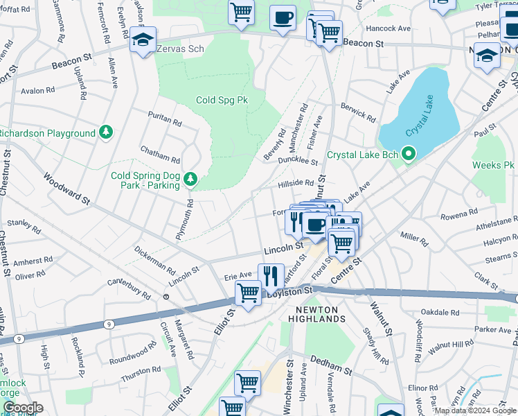 map of restaurants, bars, coffee shops, grocery stores, and more near 39 Bowdoin Street in Newton