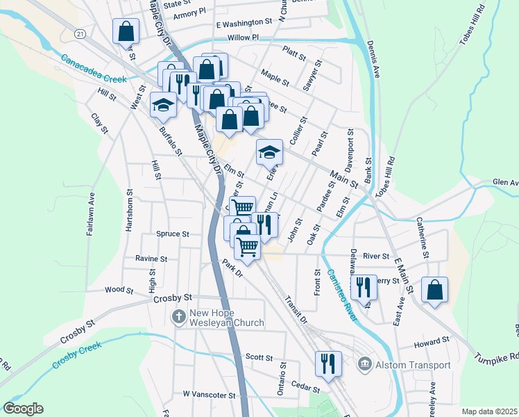 map of restaurants, bars, coffee shops, grocery stores, and more near 591-/2 Jane Street in Hornell