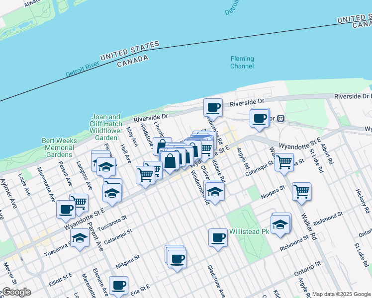 map of restaurants, bars, coffee shops, grocery stores, and more near in Windsor