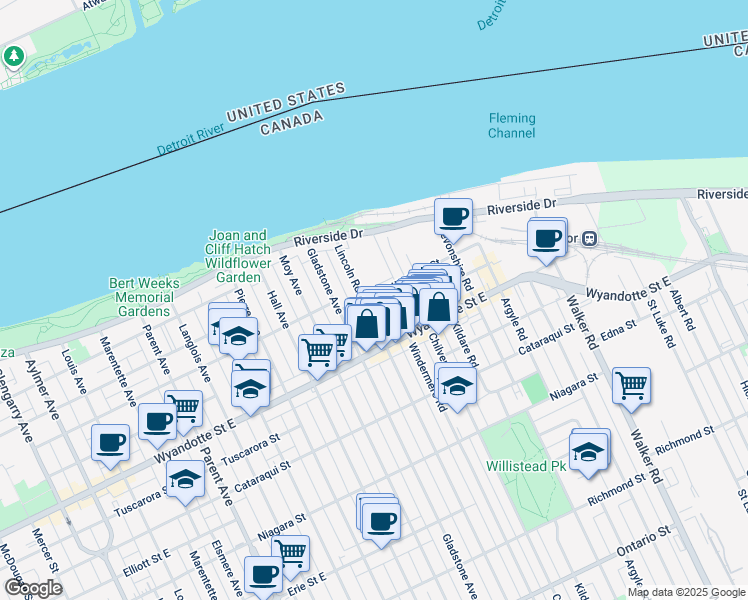map of restaurants, bars, coffee shops, grocery stores, and more near in Windsor