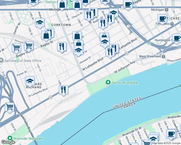 map of restaurants, bars, coffee shops, grocery stores, and more near 1801 West Fort Street in Detroit