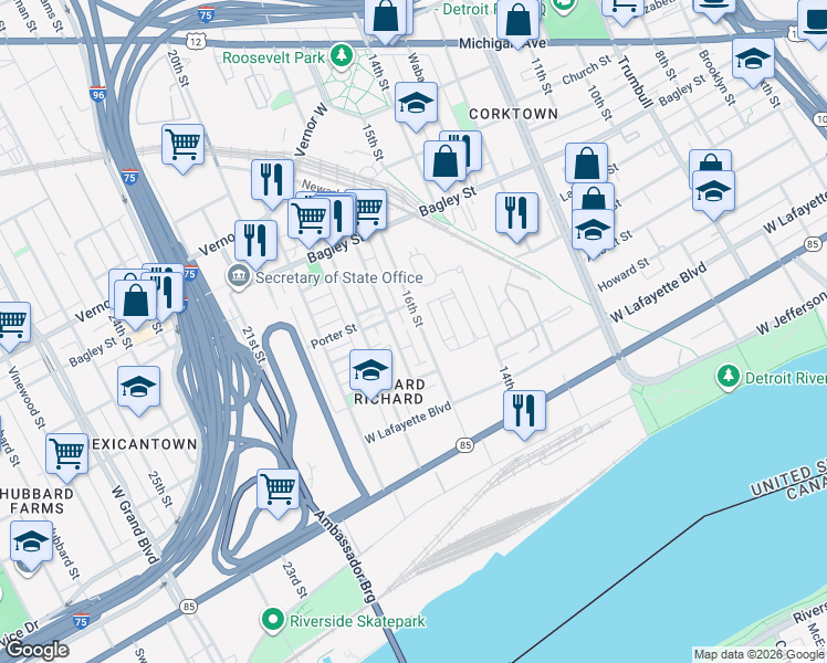 map of restaurants, bars, coffee shops, grocery stores, and more near 1241 16th Street in Detroit