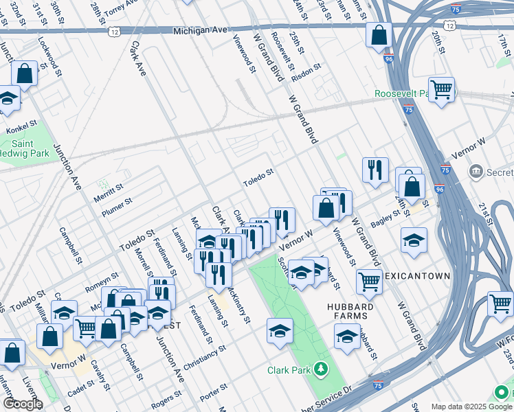 map of restaurants, bars, coffee shops, grocery stores, and more near 2027 Scotten Avenue in Detroit